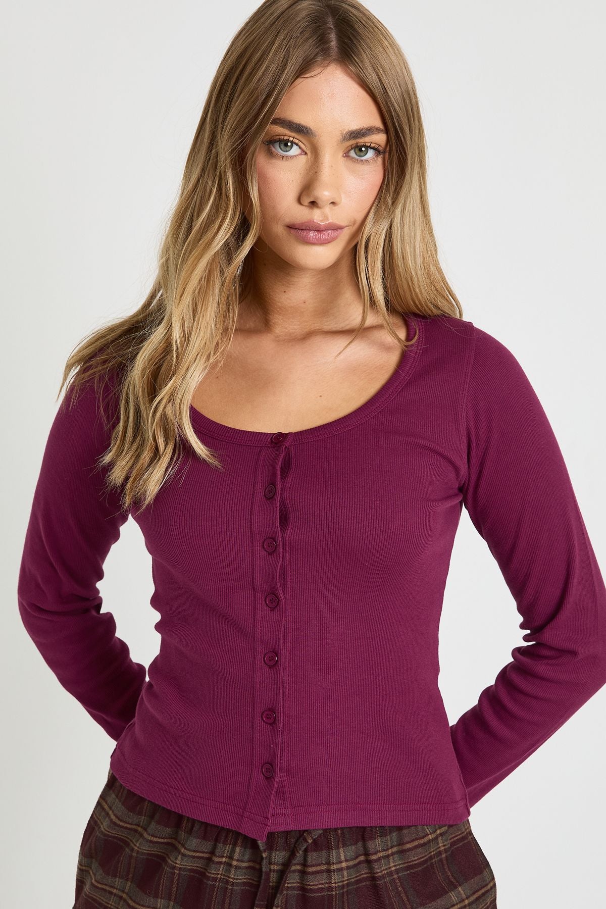 Ribbed Button Through Scoop Neck Long Sleeve Top