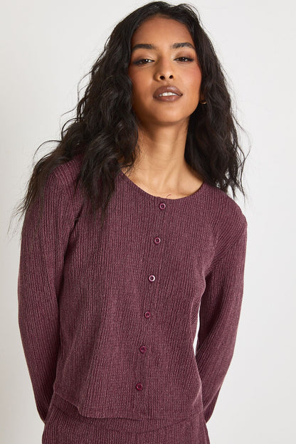 Textured Button Through Long Sleeve Top