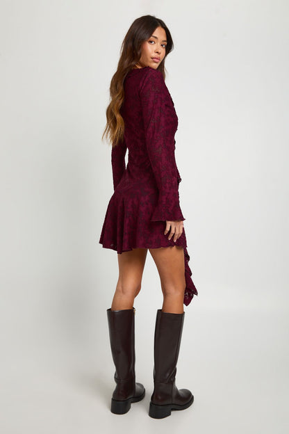 Burnout Floral Ruffle Front Mini Dress