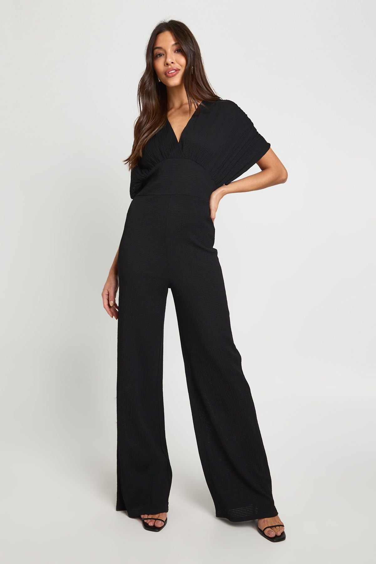 Textured Plunge Batwing Wide Leg Jumpsuit
