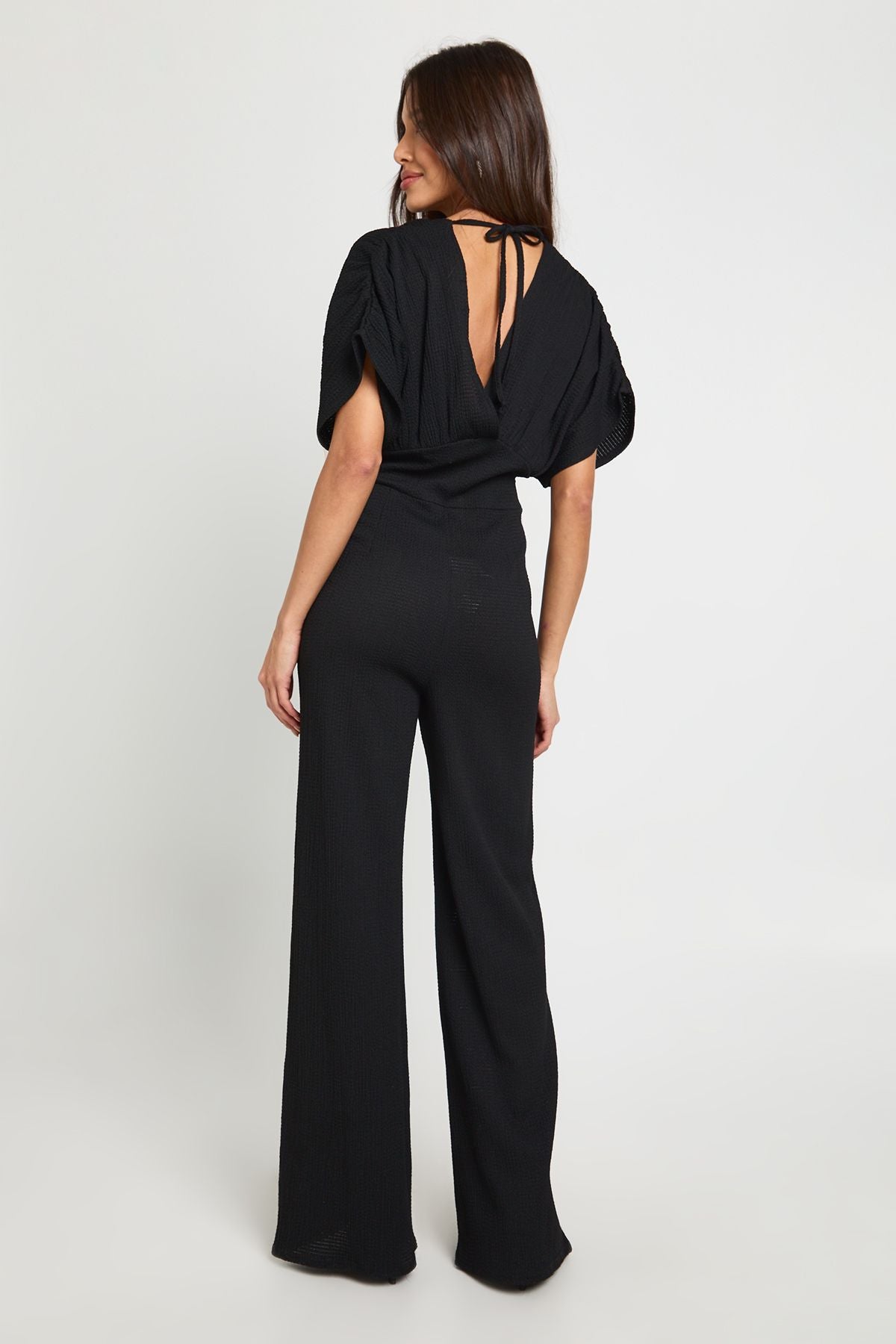 Textured Plunge Batwing Wide Leg Jumpsuit