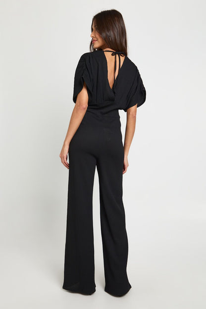 Textured Plunge Batwing Wide Leg Jumpsuit