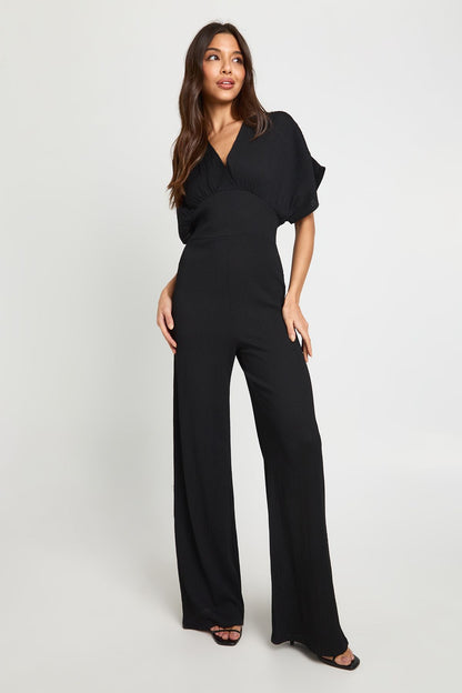 Textured Plunge Batwing Wide Leg Jumpsuit