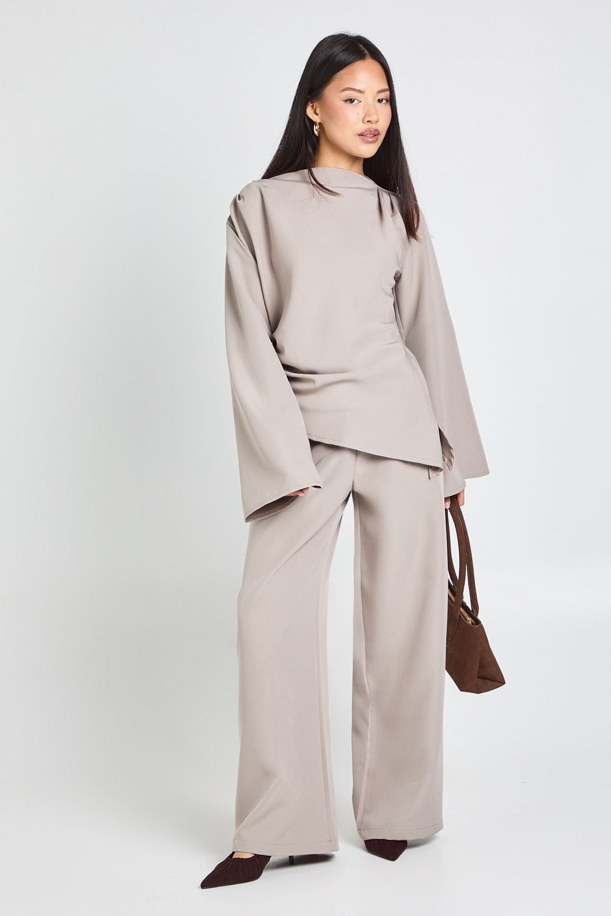 Petite Draped Asymmetric Top & Wide Leg Trouser Co-ord