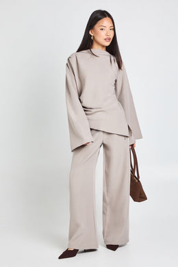 Petite Draped Asymmetric Top & Wide Leg Trouser Co-ord