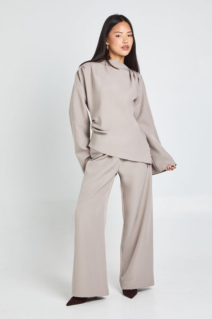 Petite Draped Asymmetric Top & Wide Leg Trouser Co-ord
