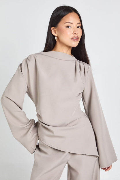 Petite Draped Asymmetric Top & Wide Leg Trouser Co-ord