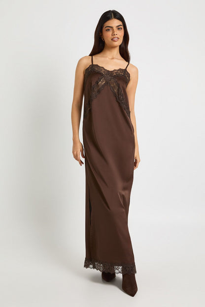 Satin Lace Mix Column Maxi Dress