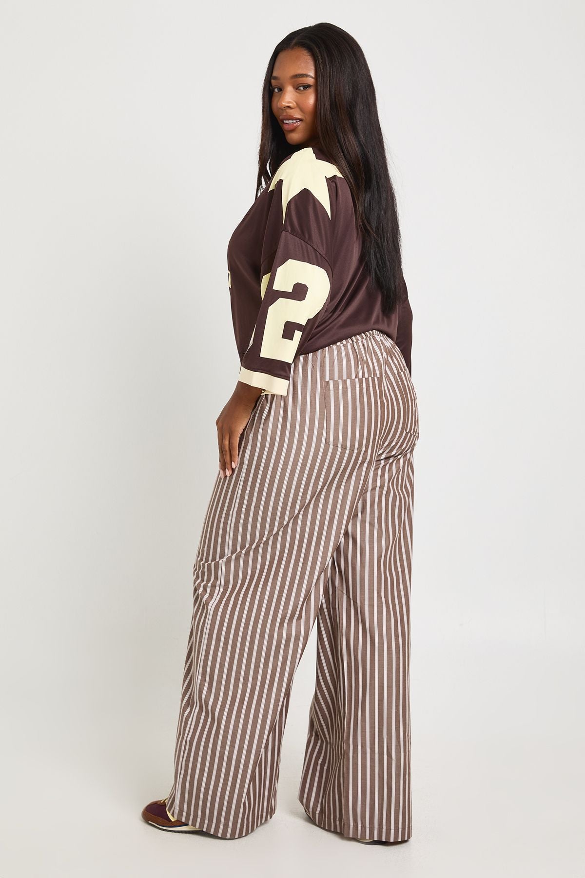 Plus Woven Stripe Elasticated Waist Wide Leg Trouser