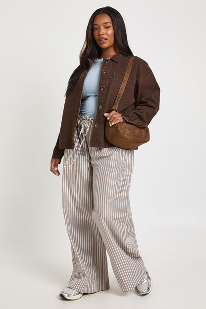 Plus Woven Stripe Elasticated Waist Wide Leg Trouser