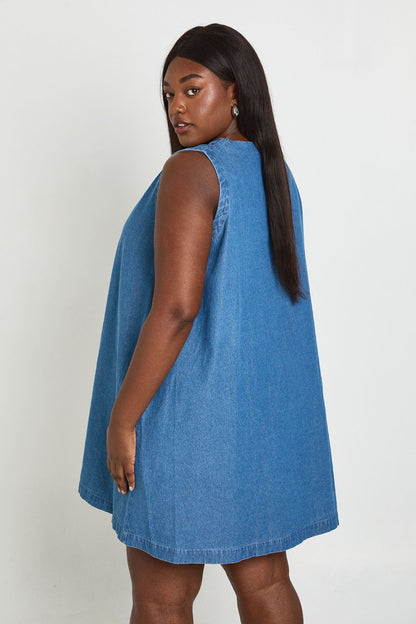 Plus Chambray V Neck Mini Dress