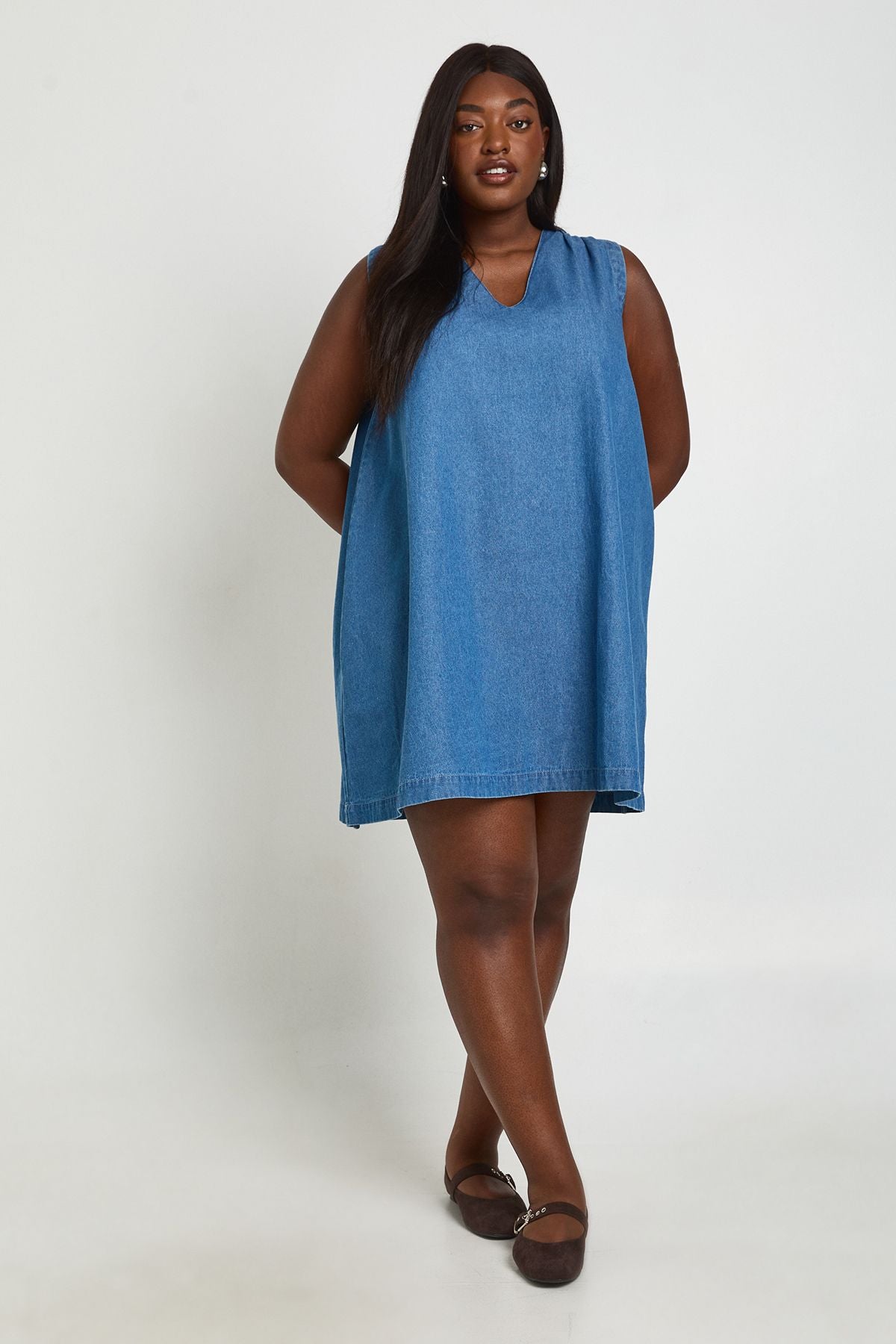 Plus Chambray V Neck Mini Dress
