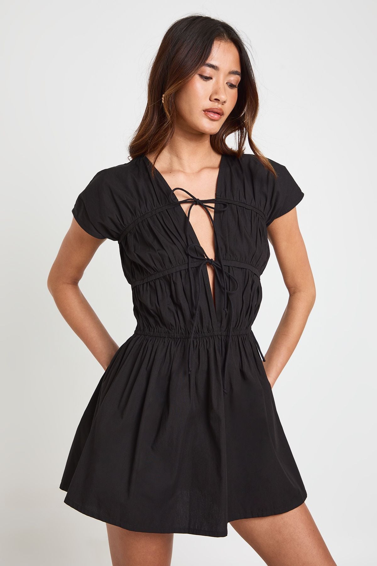 Cotton Poplin Shirred Front Tie  Mini Dress