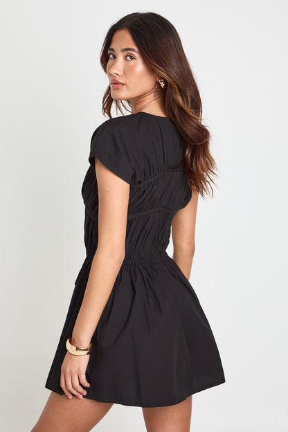 Cotton Poplin Shirred Front Tie  Mini Dress