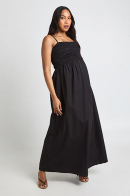 Materntiy Cotton Poplin Shirred Strappy Maxi  Dress