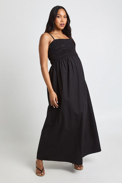 Materntiy Cotton Poplin Shirred Strappy Maxi  Dress