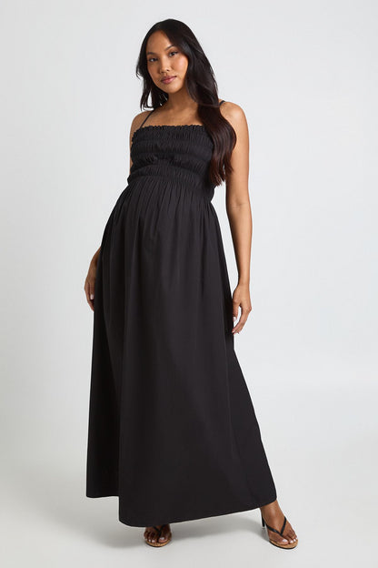 Materntiy Cotton Poplin Shirred Strappy Maxi  Dress