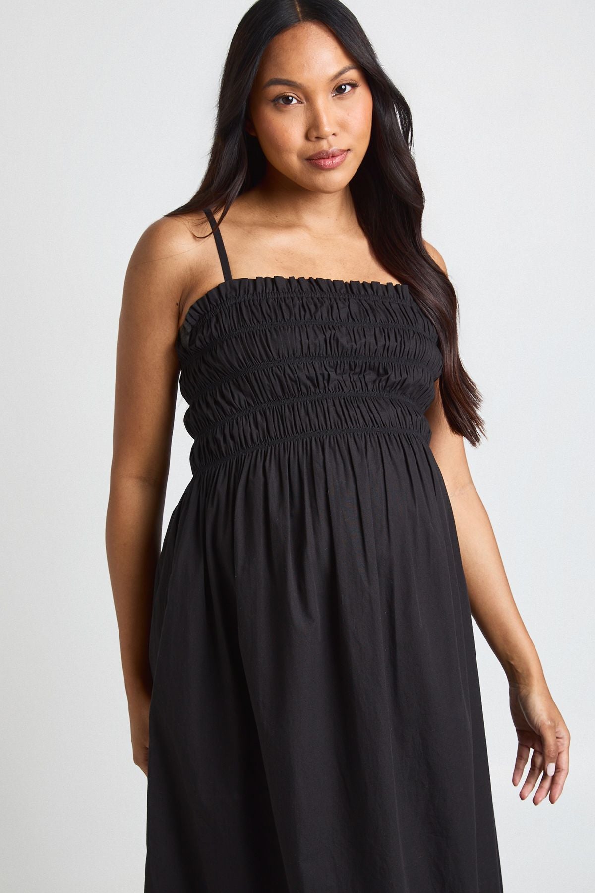 Materntiy Cotton Poplin Shirred Strappy Maxi  Dress