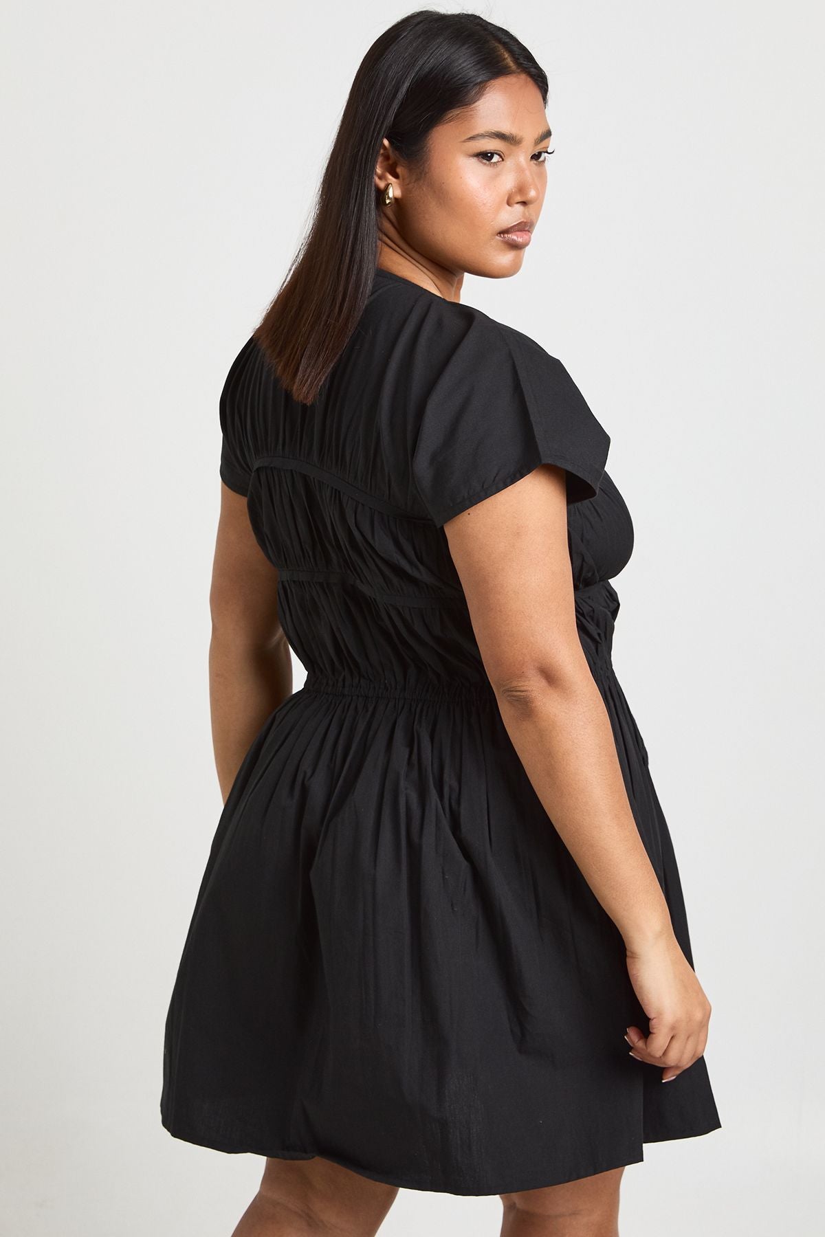 Plus Cotton Poplin Shirred Mini Dress