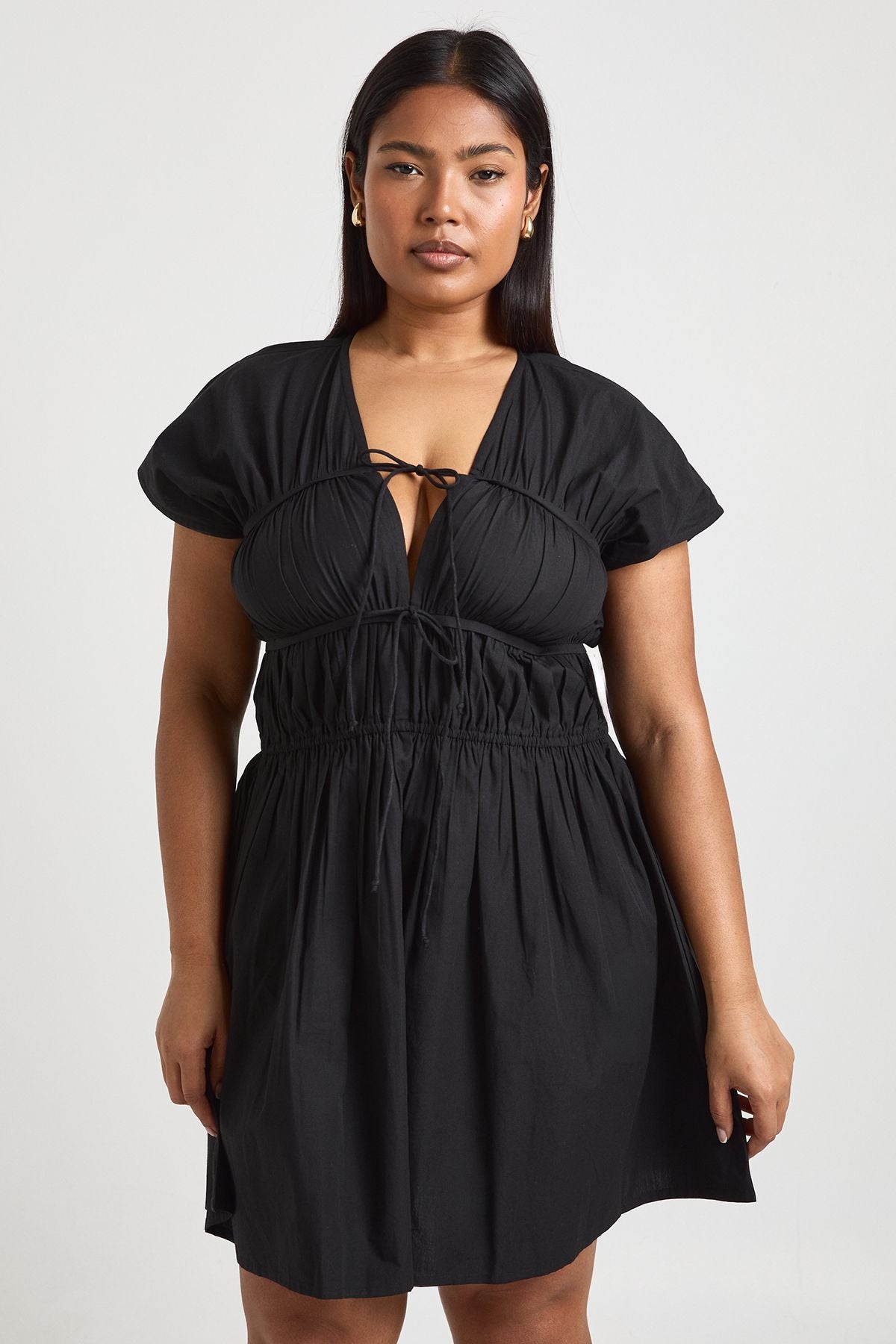 Plus Cotton Poplin Shirred Mini Dress