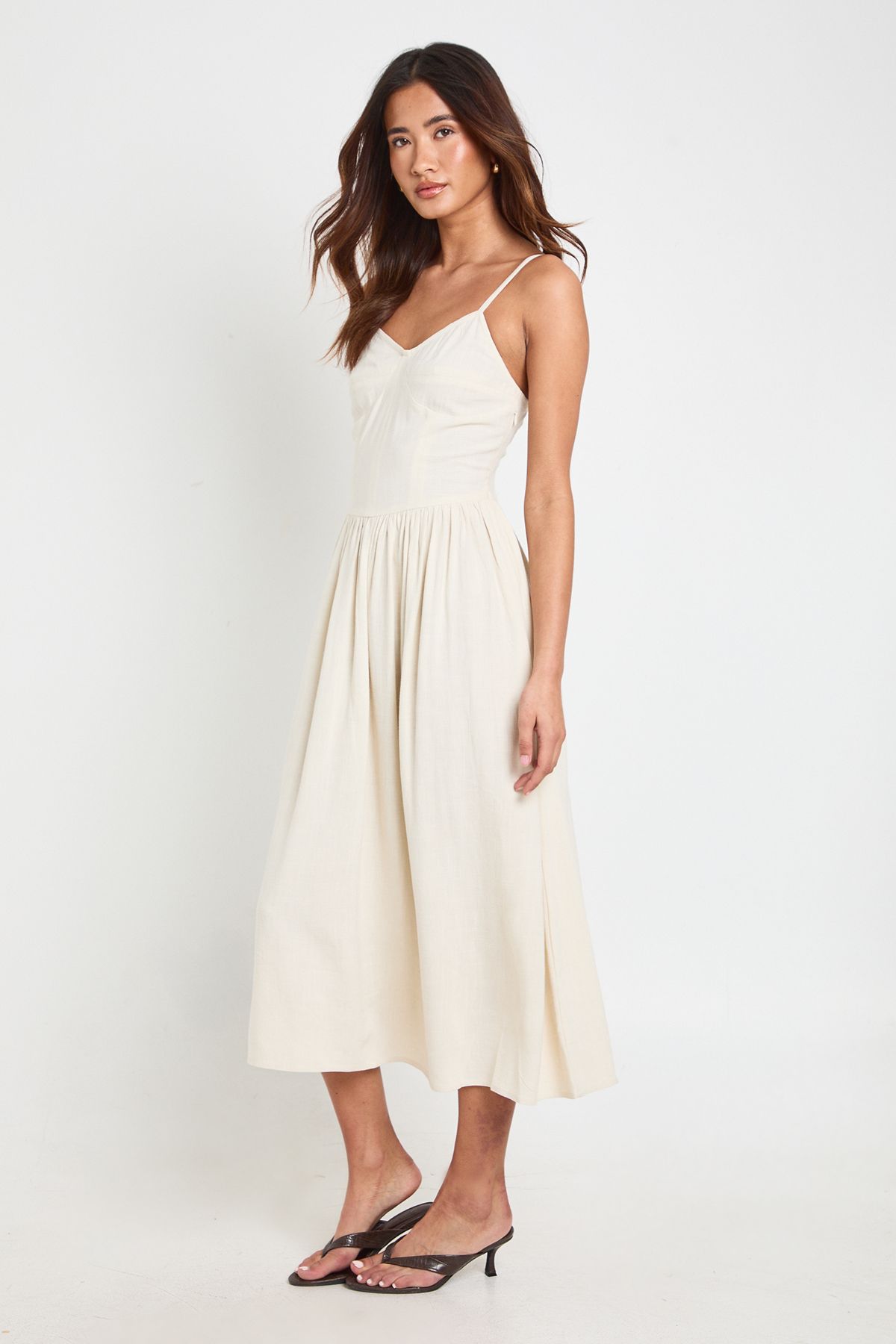 Premium Linen Corset Detail Midi Skater Dress