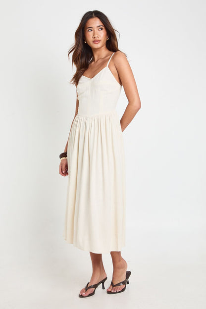 Premium Linen Corset Detail Midi Skater Dress