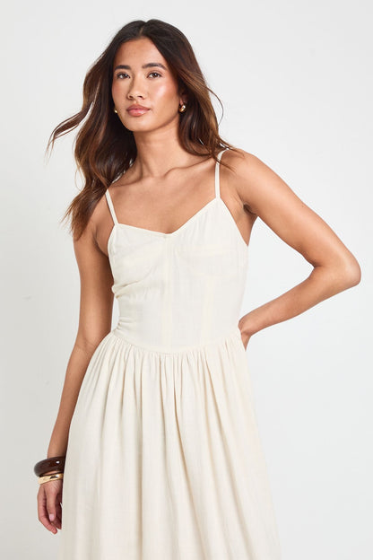 Premium Linen Corset Detail Midi Skater Dress