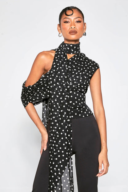 Polka Dot Chiffon Asymmetric Wrap Top