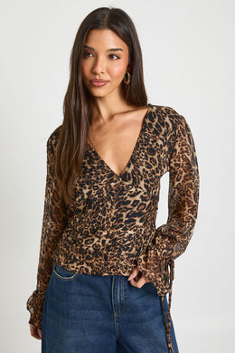 Leopard Chiffon Tie Cuff Blouse