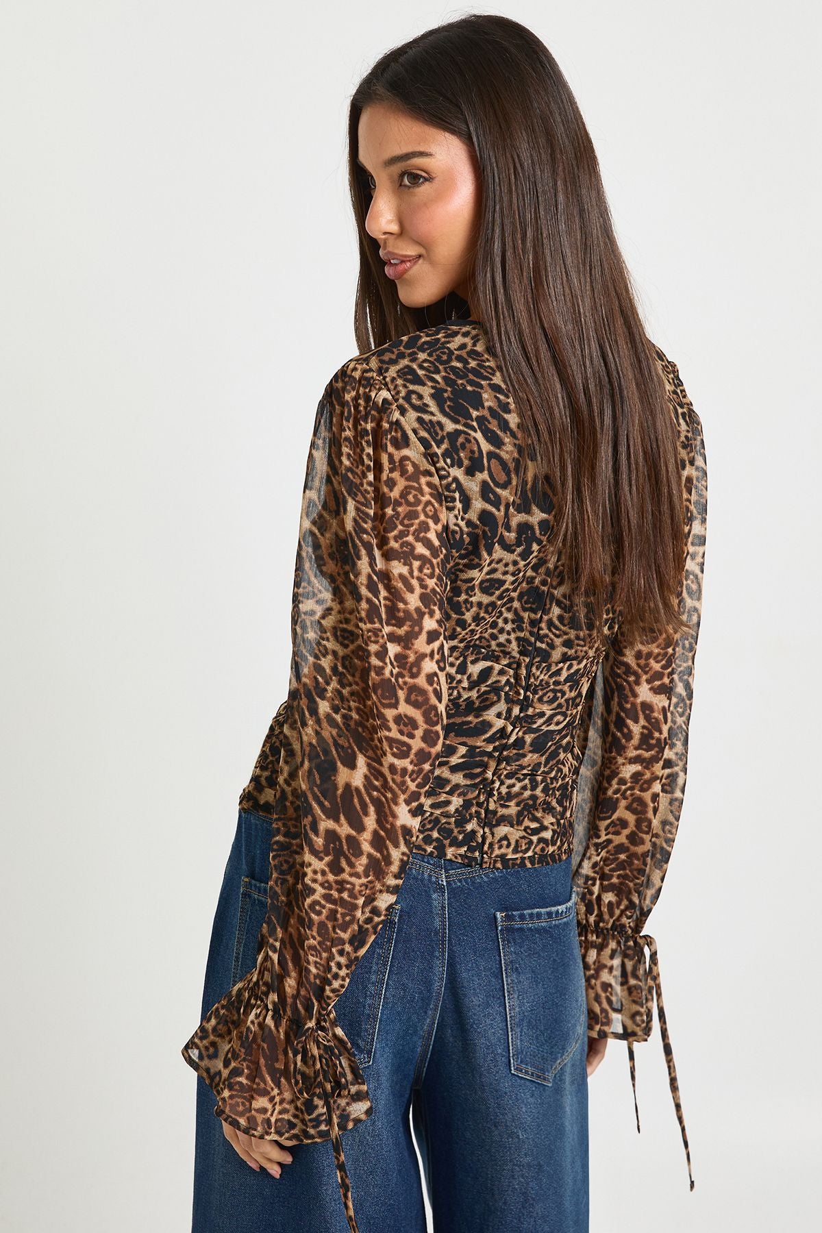Leopard Chiffon Tie Cuff Blouse