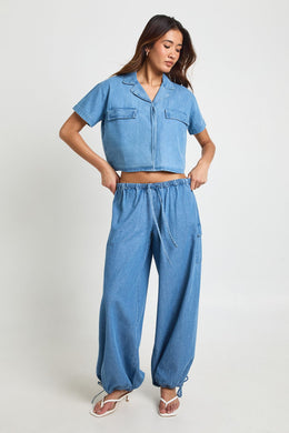 Chambray Cropped Short Sleeve Shirt