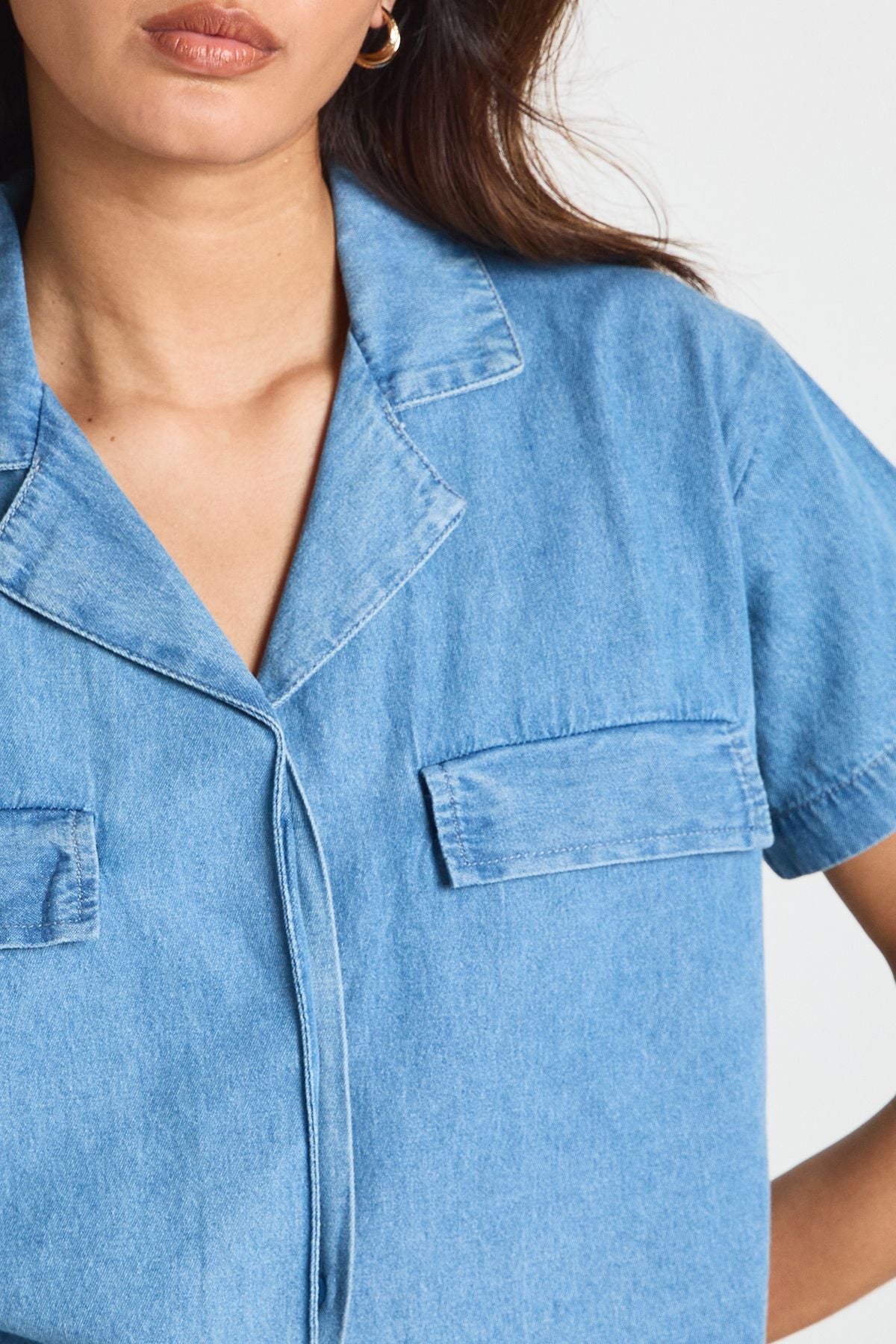 Chambray Cropped Short Sleeve Shirt