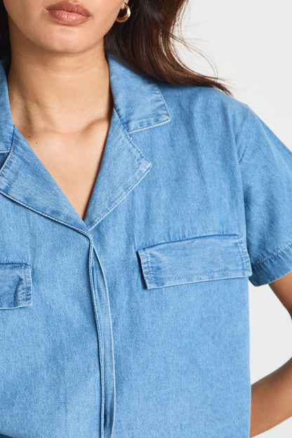 Chambray Cropped Short Sleeve Shirt