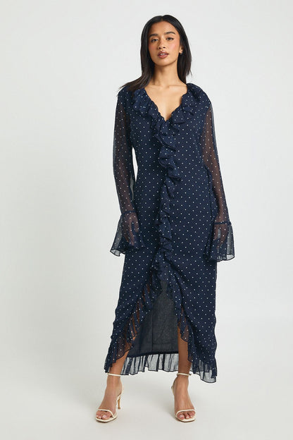 Petite Chiffon Polka Dot Ruffle Detail Midi Dress
