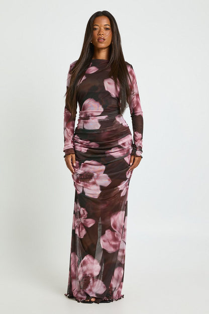 Floral Ruched Mesh Maxi Dress