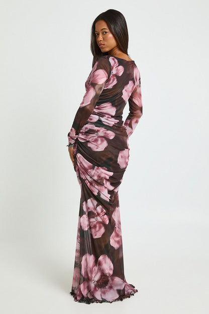 Floral Ruched Mesh Maxi Dress