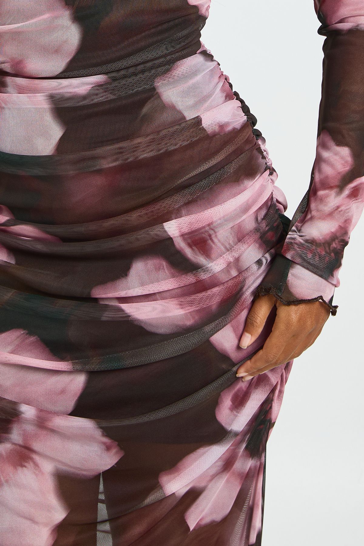 Floral Ruched Mesh Maxi Dress