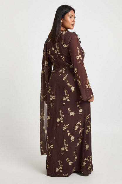 Plus Ruffle Front Seam Scarf Detail Maxi Dress