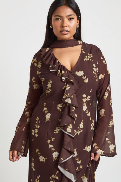 Plus Ruffle Front Seam Scarf Detail Maxi Dress