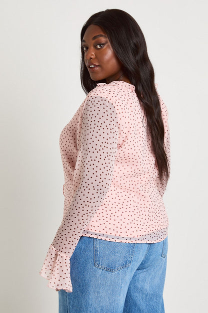 Plus Polka Dot Chiffon Ruffle Blouse