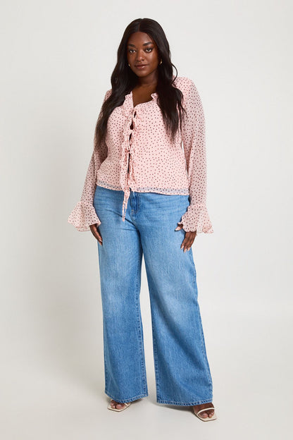 Plus Polka Dot Chiffon Ruffle Blouse