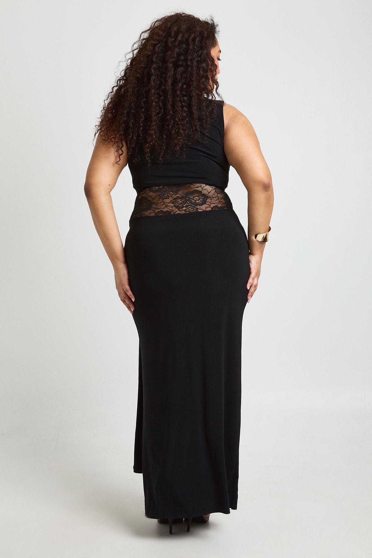 Plus Racer Neck Lace Panel Tie Drape Maxi Dress