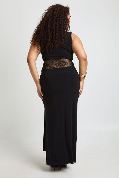Plus Racer Neck Lace Panel Tie Drape Maxi Dress