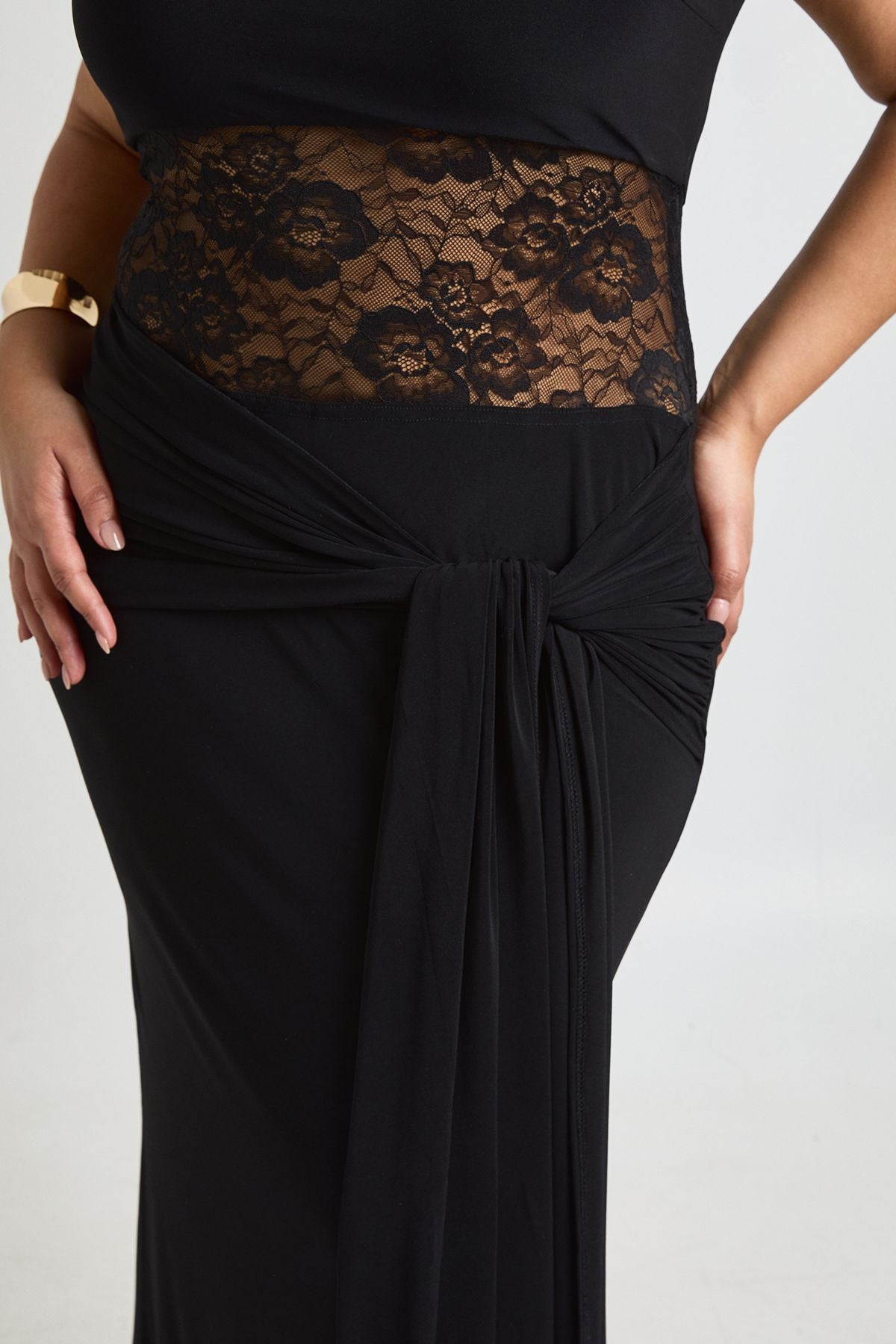 Plus Racer Neck Lace Panel Tie Drape Maxi Dress