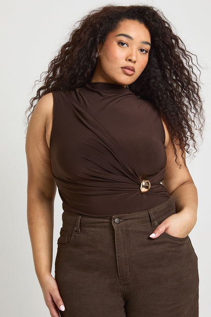 Plus Ruched Drape Gold Trim Sleeveless Bodysuit