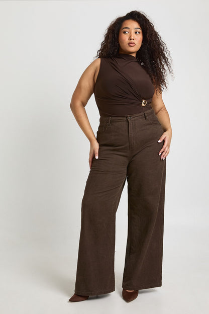 Plus Ruched Drape Gold Trim Sleeveless Bodysuit