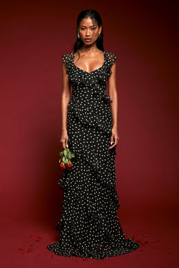 Chiffon Ruffle Polka Dot Strappy Maxi Dress