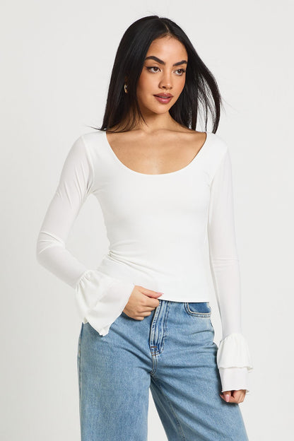 Slinky Scoop Neck Long Bell Sleeve Top