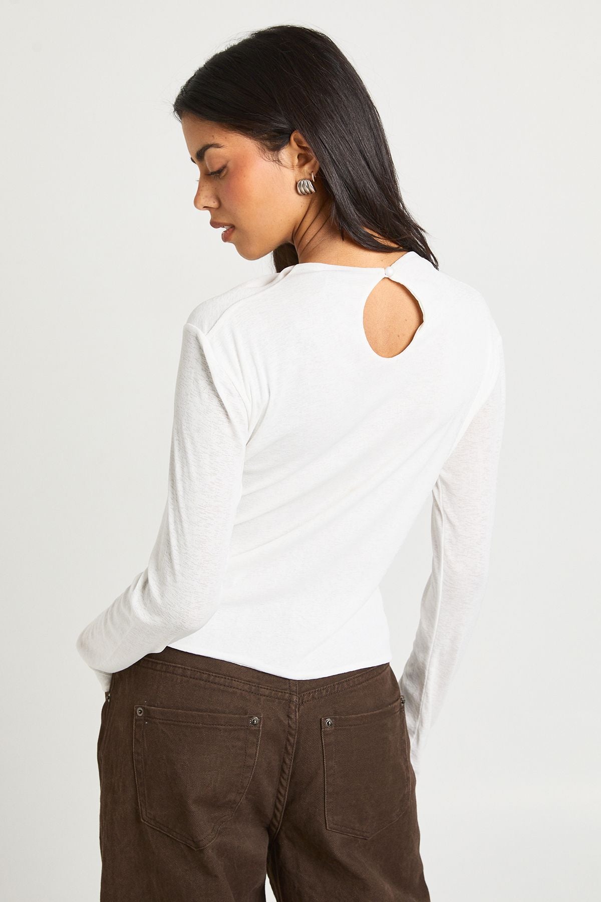 Sheer Textured Slash Neck Long Sleeve Top