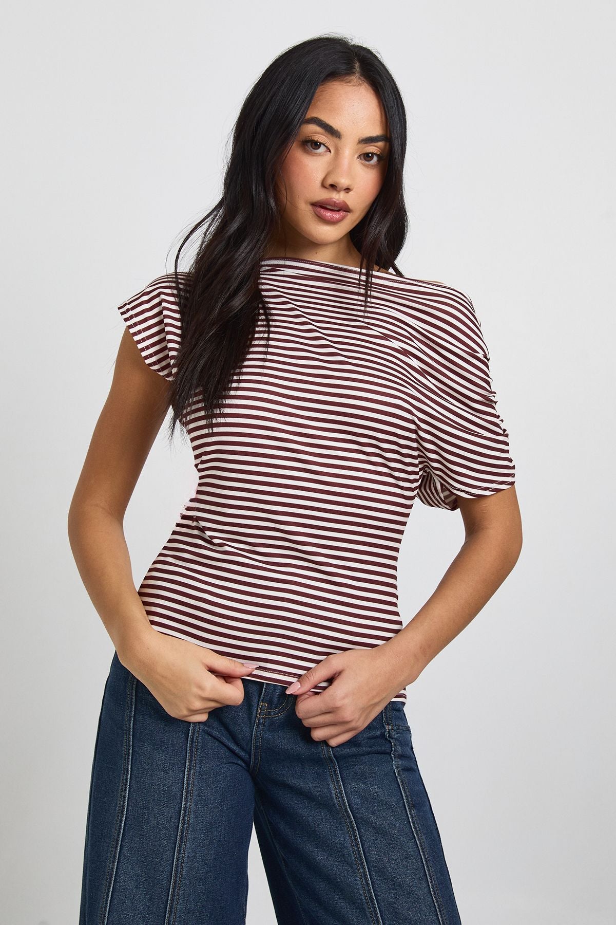 Striped Off Shoulder Cinched Waist Top